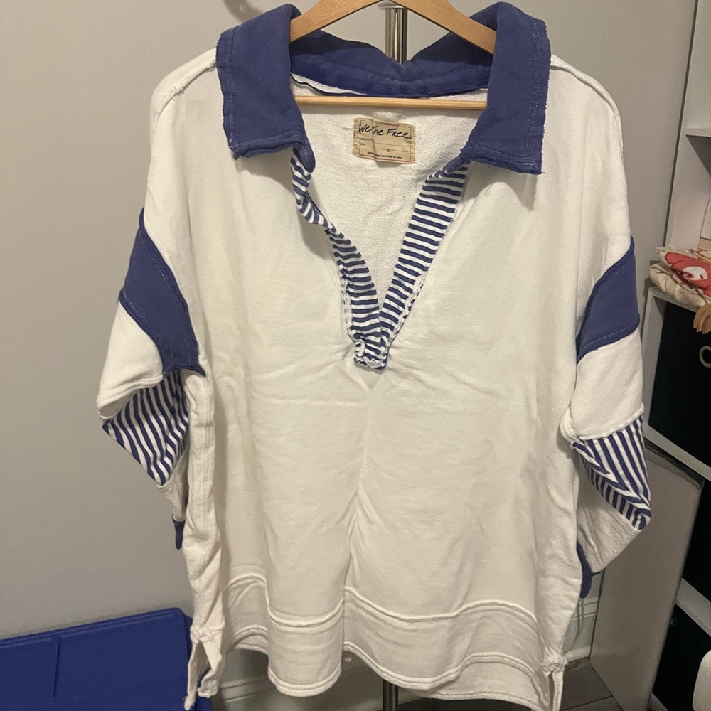 Free People White and Blue Striped Sweatshirt
